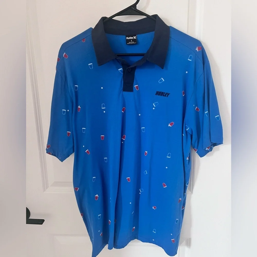 Hurley Blue Polo Shirt with Red and White Accents - Picture 1 of 8